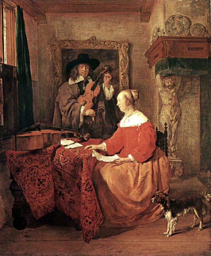 A Woman Seated at a Table and a Man Tuning a Violin sg
